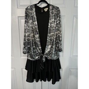 Risa Ann NY Womens Vintage Dress 80's 90's size‎ 18WP Black Silver Tiered Y2K